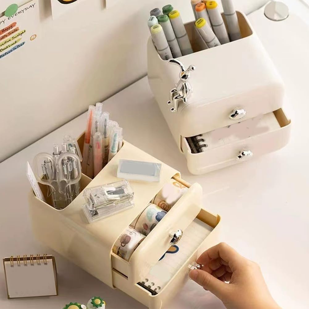 2-Drawer Mini Desktop Organizer with Back Pen Holders.
