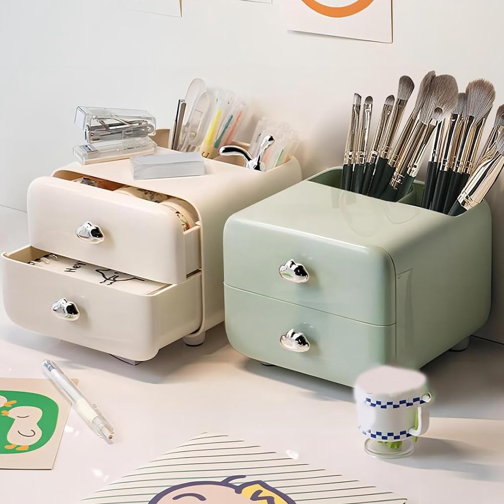 2-Drawer Mini Desktop Organizer with Back Pen Holders.