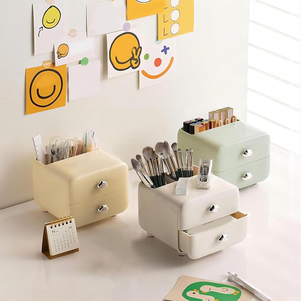 2-Drawer Mini Desktop Organizer with Back Pen Holders.