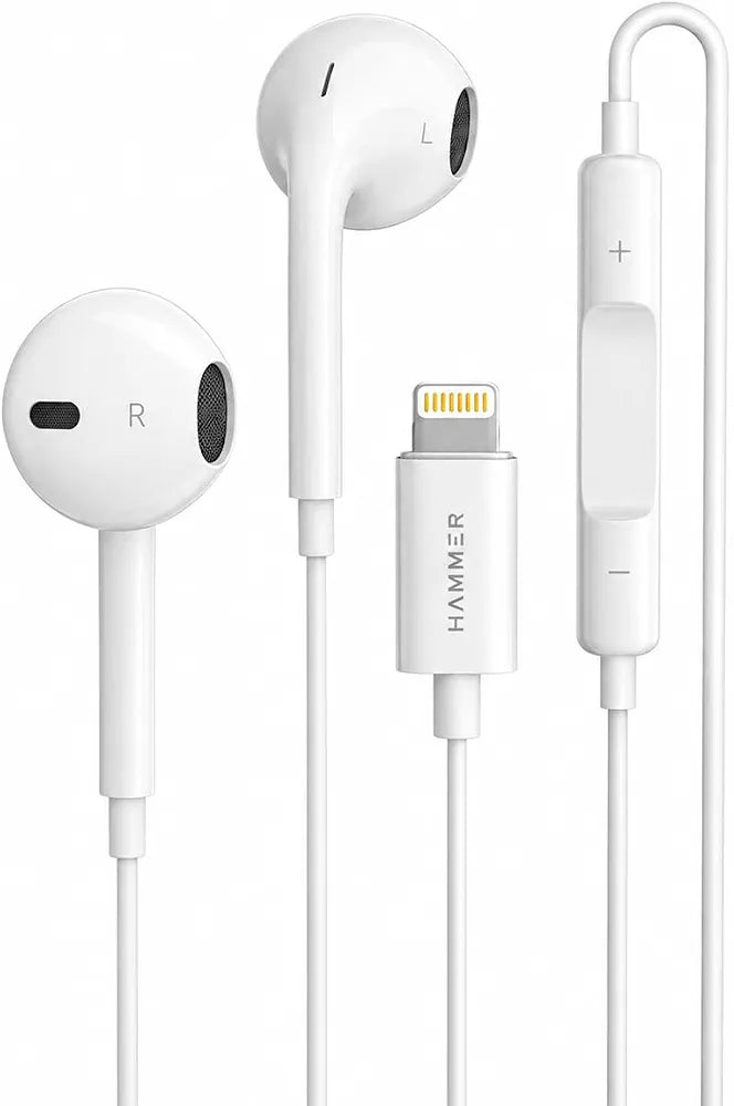 HAMMER Nova 4 Lightning Earphones with Mic, 13mm Drivers, Powerful Bass, MFB Control, Ergonomic Half in-Ear Wired Earphones for iPhones - White