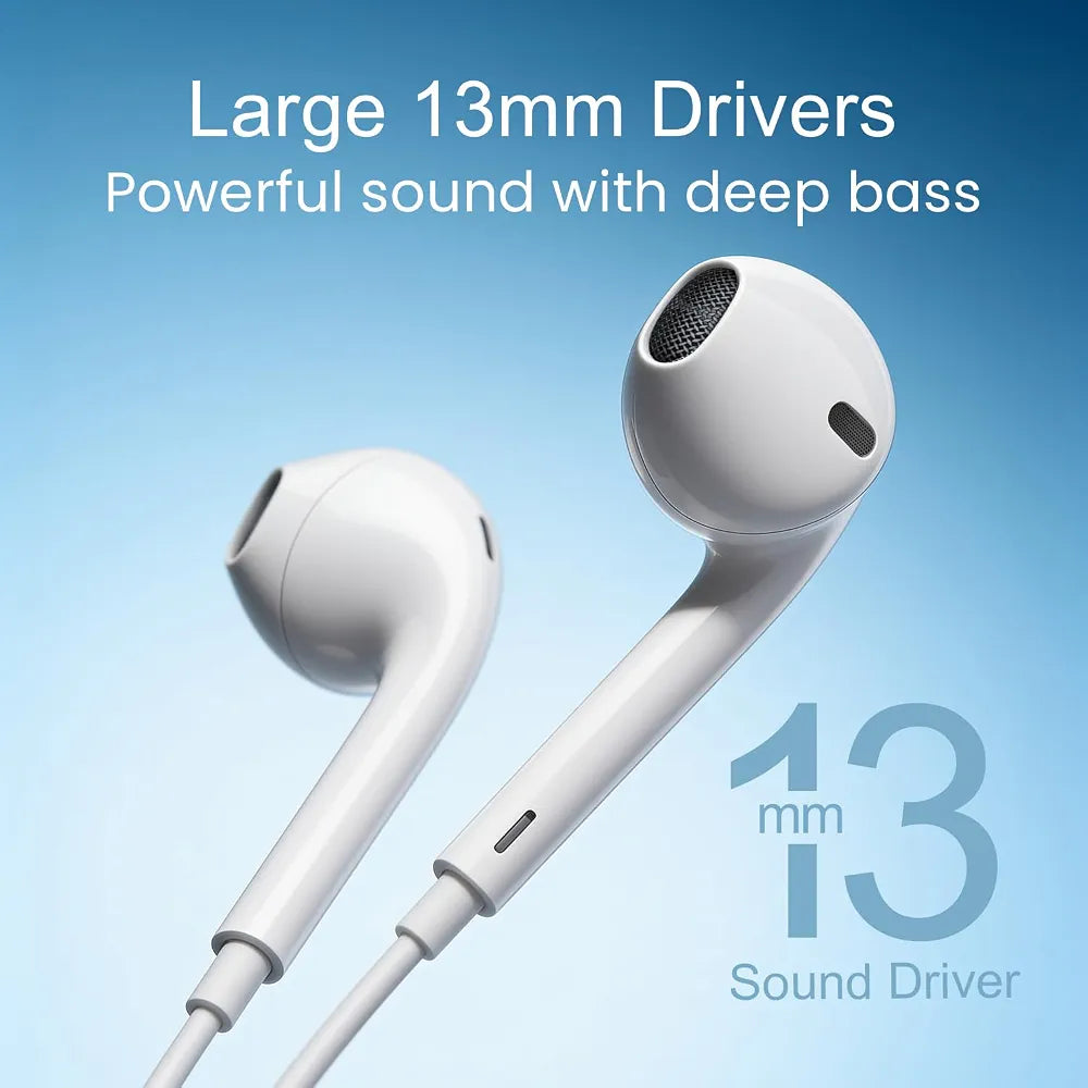 HAMMER Nova 4 Lightning Earphones with Mic, 13mm Drivers, Powerful Bass, MFB Control, Ergonomic Half in-Ear Wired Earphones for iPhones - White
