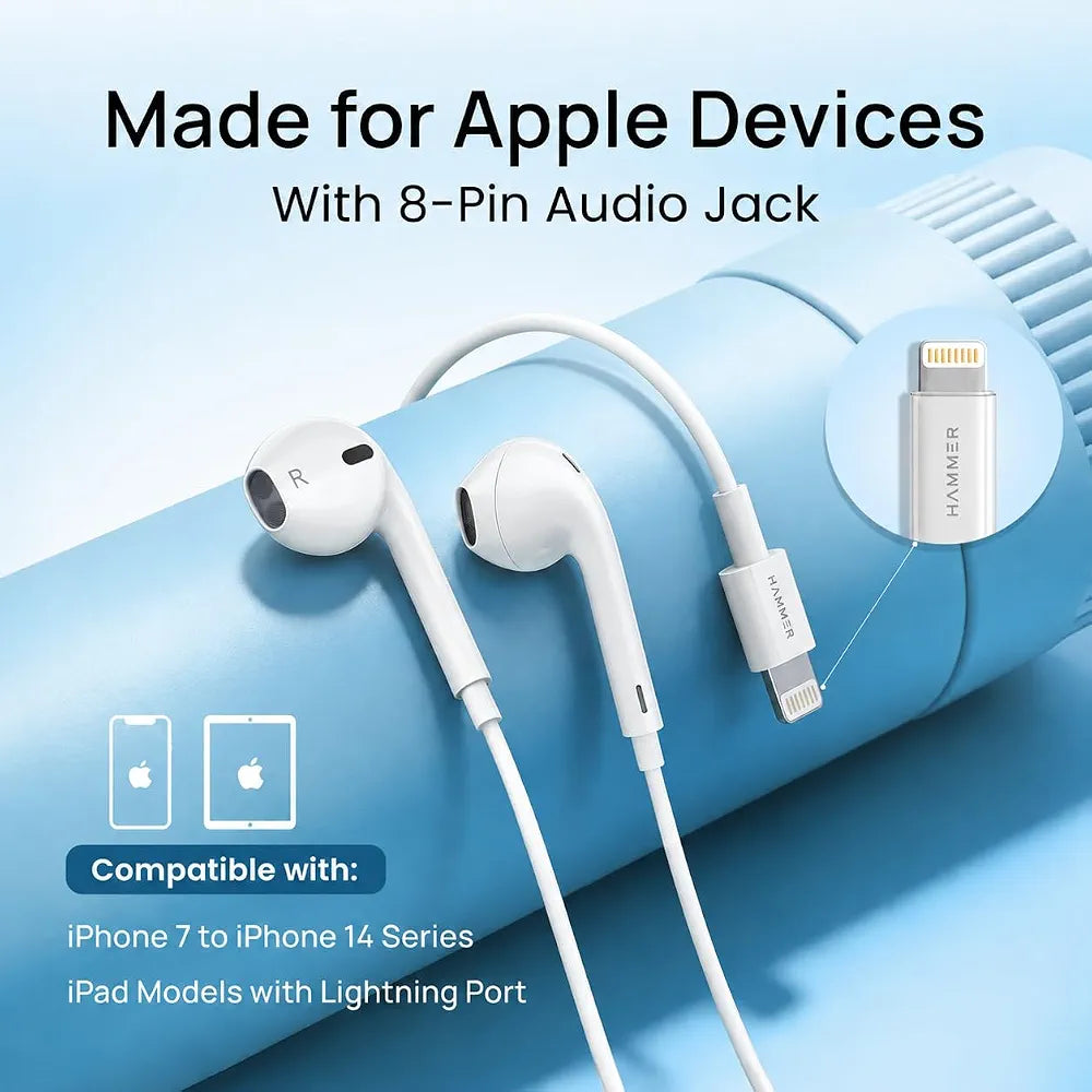 HAMMER Nova 4 Lightning Earphones with Mic, 13mm Drivers, Powerful Bass, MFB Control, Ergonomic Half in-Ear Wired Earphones for iPhones - White