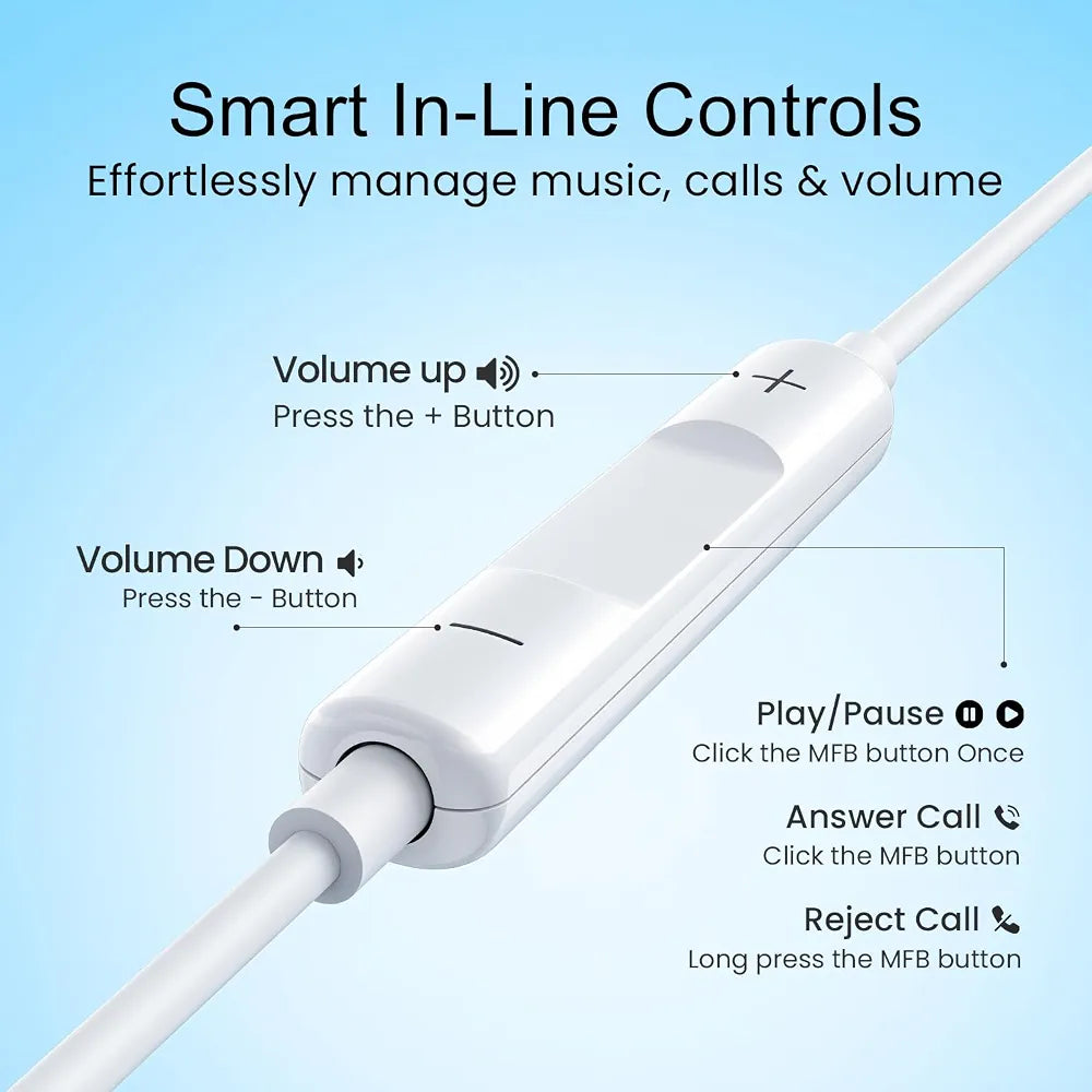HAMMER Nova 4 Lightning Earphones with Mic, 13mm Drivers, Powerful Bass, MFB Control, Ergonomic Half in-Ear Wired Earphones for iPhones - White