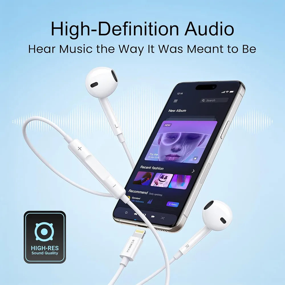 HAMMER Nova 4 Lightning Earphones with Mic, 13mm Drivers, Powerful Bass, MFB Control, Ergonomic Half in-Ear Wired Earphones for iPhones - White