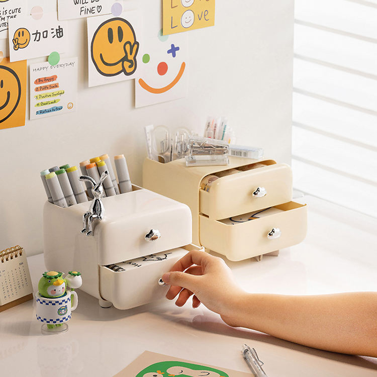 2-Drawer Mini Desktop Organizer with Back Pen Holders.