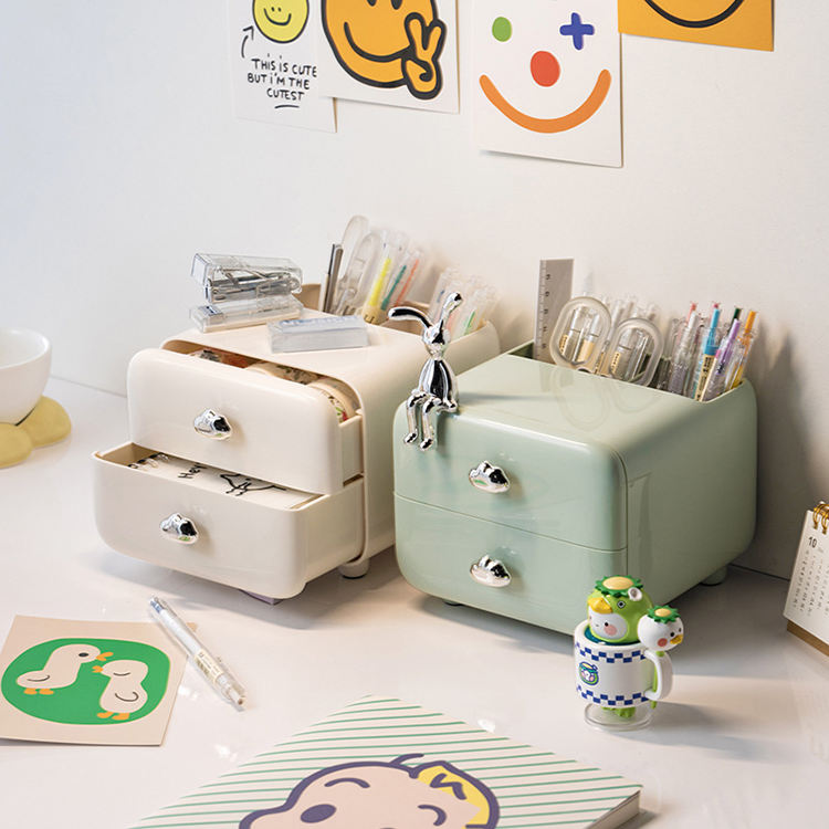 2-Drawer Mini Desktop Organizer with Back Pen Holders.